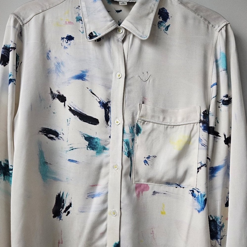 Kerri Rosenthal Silver White Paint Splatter Long Cuff Sleeve Button Down Blouse - Picture 8 of 14